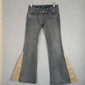 Vintage Younique Blue Jeans Women's 9 Sequins Inlay Super Flared Y2K Retro Disco